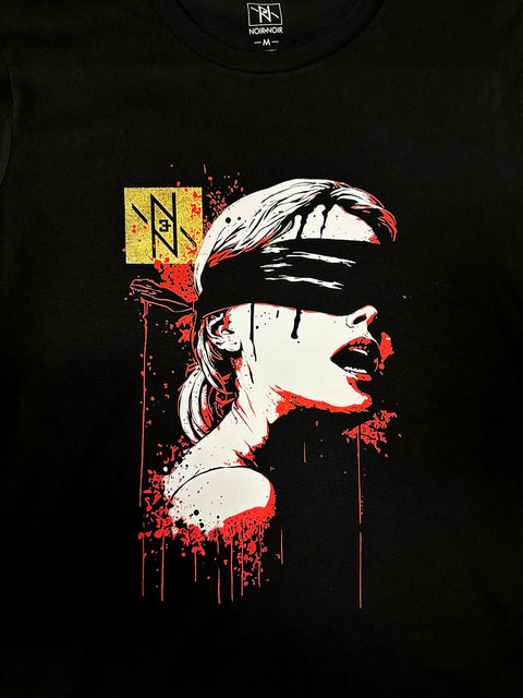 Second close-up of the Noir et Noir Veiled Revelations unisex T-shirt, highlighting the blindfolded figure and the intricate design details with red and gold accents. Part of the Design Collection.