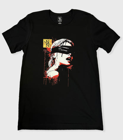 Front view of the Noir et Noir Veiled Revelations unisex T-shirt, featuring a striking high-contrast design with a blindfolded figure, red accents, and gold foil elements. Ideal for bold, stylish wear for all genders. Available now in the Design Collection.